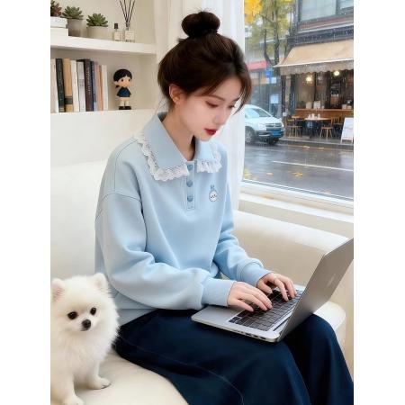 FA51526# 韩系蓝色polo衫翻领上衣女春装新款宽松慵懒风卫衣 服裝批發女裝批發服飾貨源