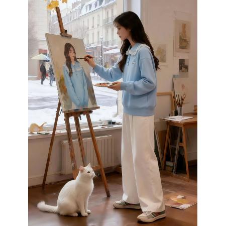 FA51526# 韩系蓝色polo衫翻领上衣女春装新款宽松慵懒风卫衣 服裝批發女裝批發服飾貨源