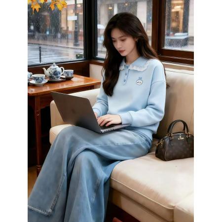 FA51526# 韩系蓝色polo衫翻领上衣女春装新款宽松慵懒风卫衣 服裝批發女裝批發服飾貨源