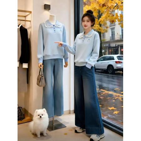 FA51526# 韩系蓝色polo衫翻领上衣女春装新款宽松慵懒风卫衣 服裝批發女裝批發服飾貨源