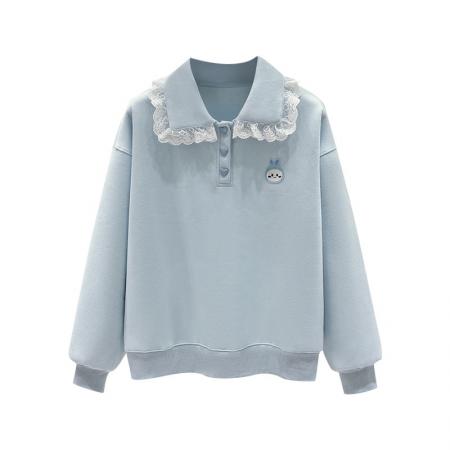 FA51526# 韩系蓝色polo衫翻领上衣女春装新款宽松慵懒风卫衣 服裝批發女裝批發服飾貨源