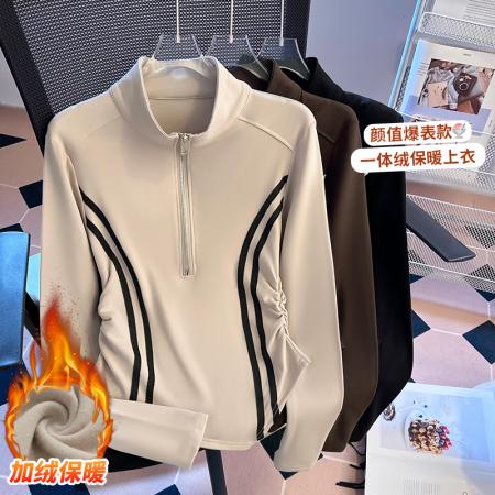 FA51527# 复古撞色半拉链立领长袖T恤女新款高弹修身百搭打底上衣 服裝批發女裝批發服飾貨源