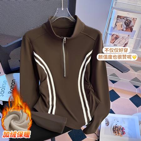 FA51527# 复古撞色半拉链立领长袖T恤女新款高弹修身百搭打底上衣 服裝批發女裝批發服飾貨源