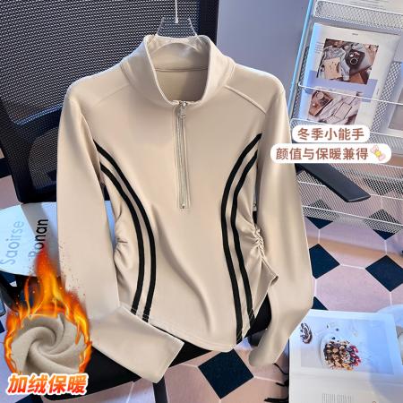 FA51527# 复古撞色半拉链立领长袖T恤女新款高弹修身百搭打底上衣 服裝批發女裝批發服飾貨源