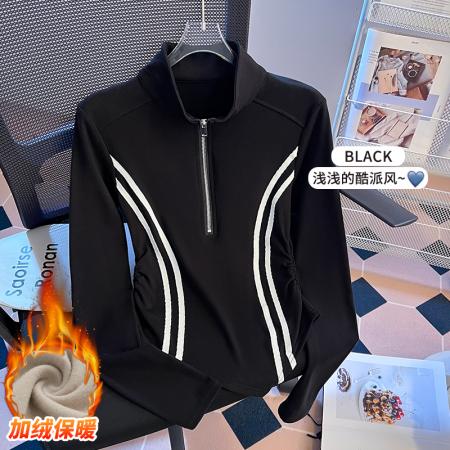 FA51527# 复古撞色半拉链立领长袖T恤女新款高弹修身百搭打底上衣 服裝批發女裝批發服飾貨源