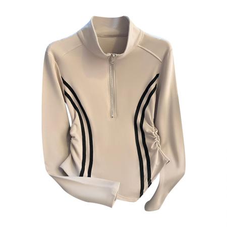 FA51527# 复古撞色半拉链立领长袖T恤女新款高弹修身百搭打底上衣 服裝批發女裝批發服飾貨源