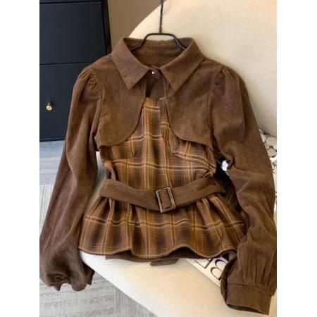 FA51528# 复古假两件拼接收腰格子衬衫女秋冬季百搭高级感气质显瘦长袖上衣 服裝批發女裝批發服飾貨源