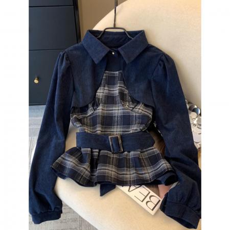 FA51528# 复古假两件拼接收腰格子衬衫女秋冬季百搭高级感气质显瘦长袖上衣 服裝批發女裝批發服飾貨源