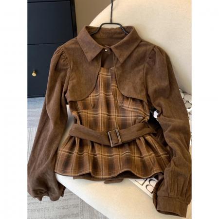 FA51528# 复古假两件拼接收腰格子衬衫女秋冬季百搭高级感气质显瘦长袖上衣 服裝批發女裝批發服飾貨源