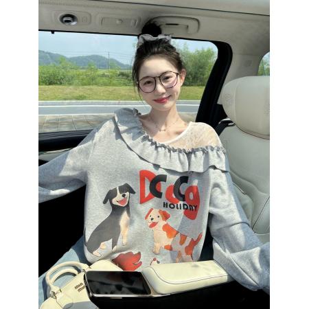 FA51529# 胖MM特大码300斤拼接斜肩长袖卫衣女秋小众设计感慵懒风宽松上衣2 服裝批發女裝批發服飾貨源