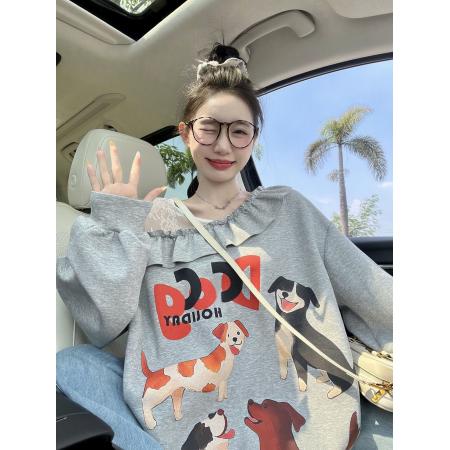 FA51529# 胖MM特大码300斤拼接斜肩长袖卫衣女秋小众设计感慵懒风宽松上衣2 服裝批發女裝批發服飾貨源