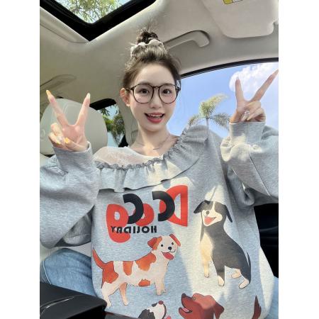 FA51529# 胖MM特大码300斤拼接斜肩长袖卫衣女秋小众设计感慵懒风宽松上衣2 服裝批發女裝批發服飾貨源