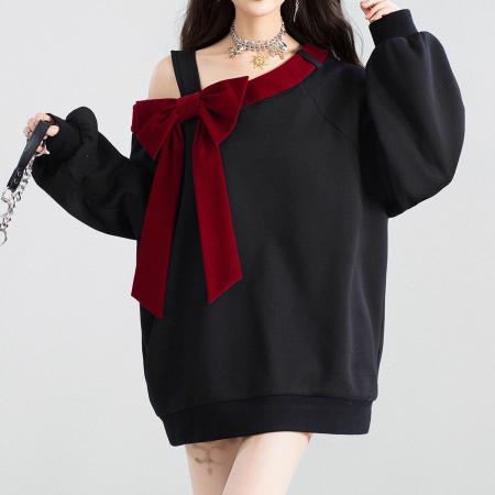 FA51530# 蝴蝶结少女girl薄款斜肩卫衣女秋季新宽松显瘦露肩别致独特上衣 服裝批發女裝批發服飾貨源