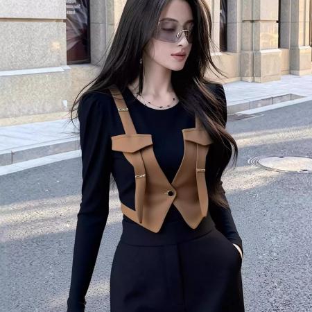 FA51531# 秋季高级感轻奢时尚独特漂亮气质巨好看棕色假两件马甲上衣女 服裝批發女裝批發服飾貨源