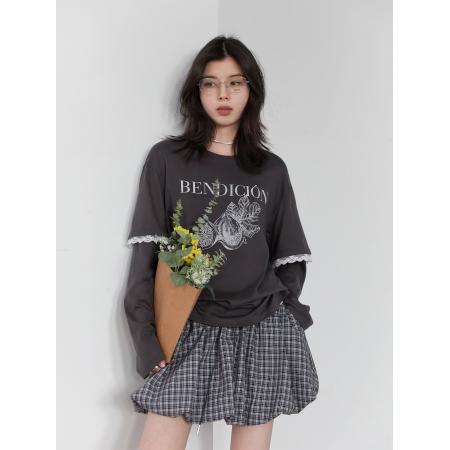 FA51533# miu系秋冬胖mm假两件上衣女蕾丝花边撞色印花T恤长袖显瘦上衣女 服裝批發女裝批發服飾貨源