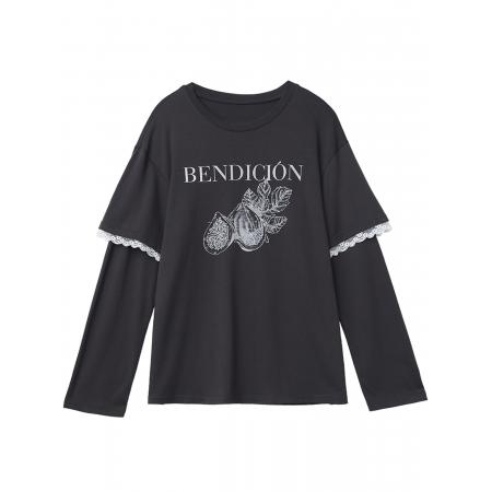 FA51533# miu系秋冬胖mm假两件上衣女蕾丝花边撞色印花T恤长袖显瘦上衣女 服裝批發女裝批發服飾貨源