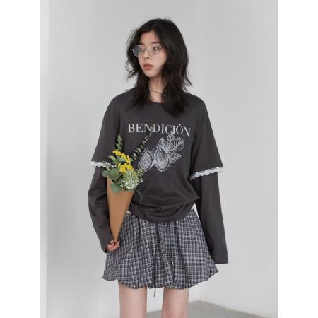 FA51533# miu系秋冬胖mm假两件上衣女蕾丝花边撞色印花T恤长袖显瘦上衣女 服裝批發女裝批發服飾貨源