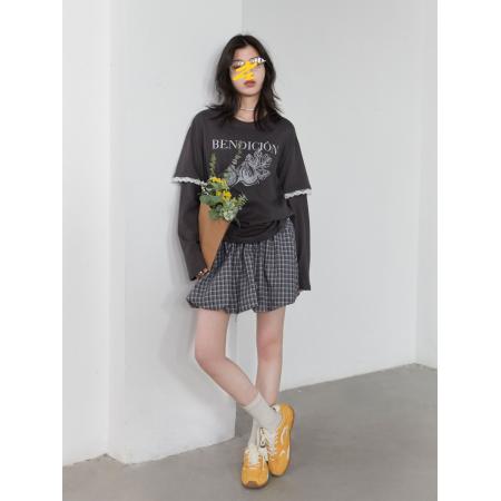 FA51533# miu系秋冬胖mm假两件上衣女蕾丝花边撞色印花T恤长袖显瘦上衣女 服裝批發女裝批發服飾貨源