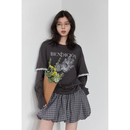 FA51533# miu系秋冬胖mm假两件上衣女蕾丝花边撞色印花T恤长袖显瘦上衣女 服裝批發女裝批發服飾貨源