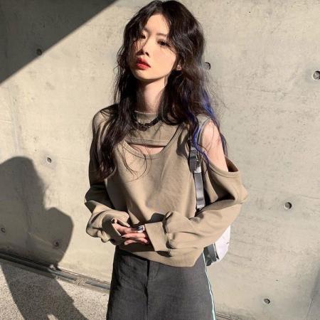 FA51534# 新款卫衣女假两件外穿短款露肩上衣秋冬季韩版纯色T恤前后两穿 服裝批發女裝批發服飾貨源