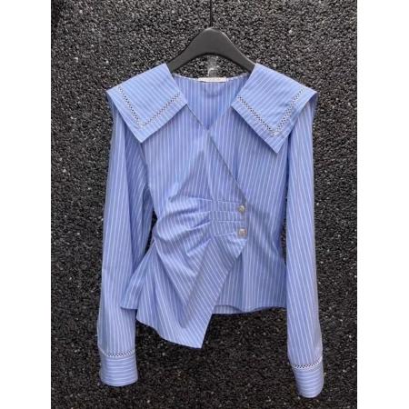 FA51538# 蓝色条纹大翻领长袖衬衫女早秋新款设计感小众镂空不规则显瘦上衣 服裝批發女裝批發服飾貨源