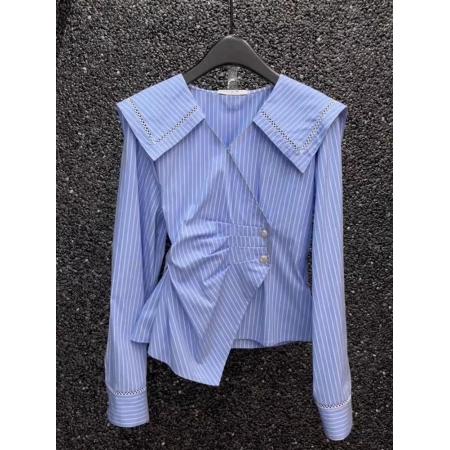 FA51538# 蓝色条纹大翻领长袖衬衫女早秋新款设计感小众镂空不规则显瘦上衣 服裝批發女裝批發服飾貨源