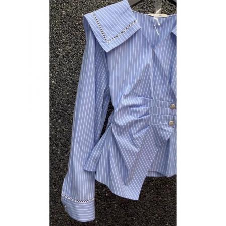 FA51538# 蓝色条纹大翻领长袖衬衫女早秋新款设计感小众镂空不规则显瘦上衣 服裝批發女裝批發服飾貨源