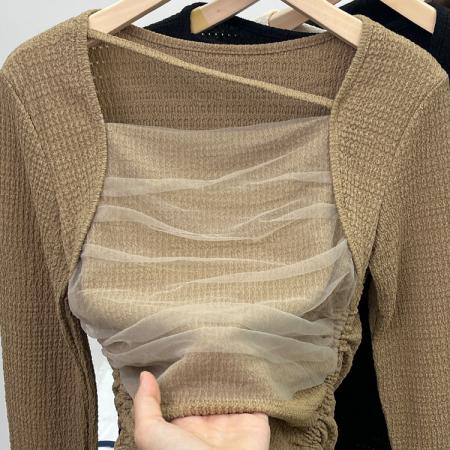 FA51539# 新款网纱打底衫甜辣褶皱网纱方领t恤女秋法式ins杏色上衣长袖内搭 服裝批發女裝批發服飾貨源