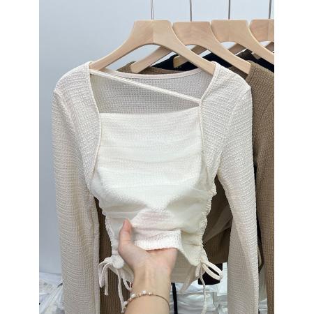 FA51539# 新款网纱打底衫甜辣褶皱网纱方领t恤女秋法式ins杏色上衣长袖内搭 服裝批發女裝批發服飾貨源