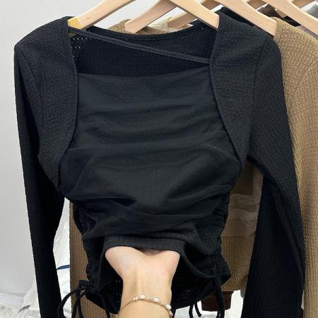 FA51539# 新款网纱打底衫甜辣褶皱网纱方领t恤女秋法式ins杏色上衣长袖内搭 服裝批發女裝批發服飾貨源