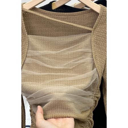 FA51539# 新款网纱打底衫甜辣褶皱网纱方领t恤女秋法式ins杏色上衣长袖内搭 服裝批發女裝批發服飾貨源