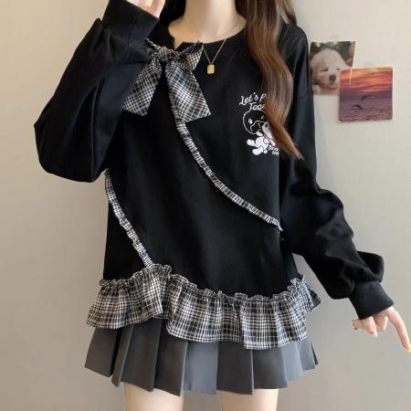 FA51540# 拼接长袖卫衣女秋季新款大码宽松休闲胖mm两件遮肚上衣潮 服裝批發女裝批發服飾貨源