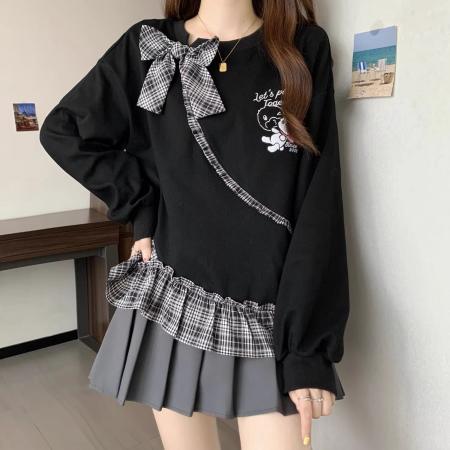 FA51540# 拼接长袖卫衣女秋季新款大码宽松休闲胖mm两件遮肚上衣潮 服裝批發女裝批發服飾貨源