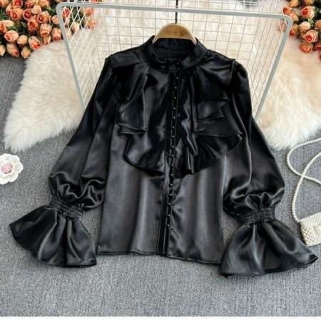 FA51541# 宫廷风复古气质喇叭袖立领醋酸缎面衬衫法式设计感洋气宽松上衣女 服裝批發女裝批發服飾貨源