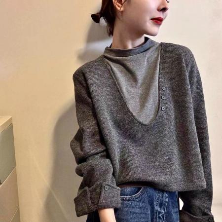 FA51542# 韩系假两件背心拼接长袖T恤女秋季新款叠穿休闲显瘦上衣女潮 服裝批發女裝批發服飾貨源