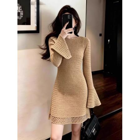 FA51543# 通勤风针织镂空连衣裙高级感显瘦包臀裙冬季新款时尚流行百搭 服裝批發女裝批發服飾貨源