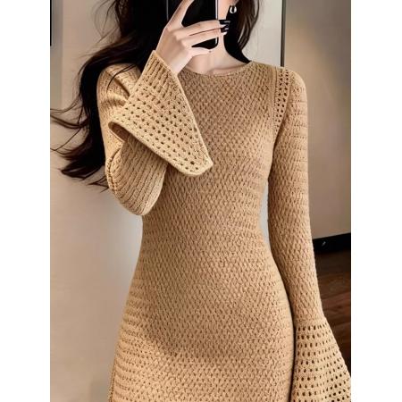 FA51543# 通勤风针织镂空连衣裙高级感显瘦包臀裙冬季新款时尚流行百搭 服裝批發女裝批發服飾貨源