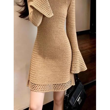 FA51543# 通勤风针织镂空连衣裙高级感显瘦包臀裙冬季新款时尚流行百搭 服裝批發女裝批發服飾貨源