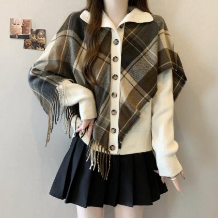FA51547# 大码高领针织拼接格子披肩假两件不规则开衫 服裝批發女裝批發服飾貨源