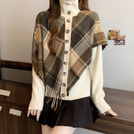 FA51547# 大码高领针织拼接格子披肩假两件不规则开衫 服裝批發女裝批發服飾貨源