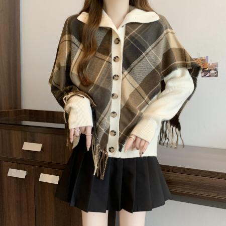 FA51547# 大码高领针织拼接格子披肩假两件不规则开衫 服裝批發女裝批發服飾貨源