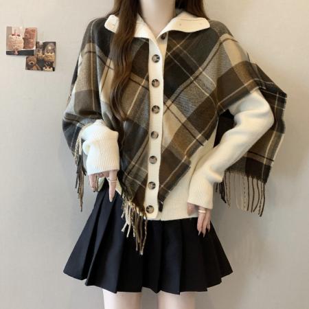 FA51547# 大码高领针织拼接格子披肩假两件不规则开衫 服裝批發女裝批發服飾貨源