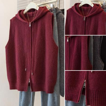 FA51550# 大码女装冬季新款复古风宽松型百搭修身显瘦拉链设计连帽马甲 服裝批發女裝批發服飾貨源