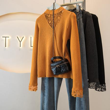 FA51551# 大码冬季女装新款韩版蕾丝网纱拼接假两件设计显瘦针织上衣 服裝批發女裝批發服飾貨源