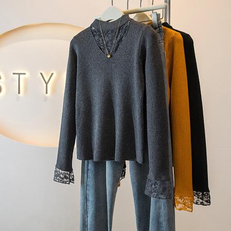 FA51551# 大码冬季女装新款韩版蕾丝网纱拼接假两件设计显瘦针织上衣 服裝批發女裝批發服飾貨源