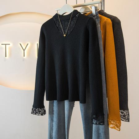 FA51551# 大码冬季女装新款韩版蕾丝网纱拼接假两件设计显瘦针织上衣 服裝批發女裝批發服飾貨源