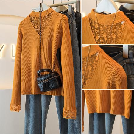 FA51551# 大码冬季女装新款韩版蕾丝网纱拼接假两件设计显瘦针织上衣 服裝批發女裝批發服飾貨源