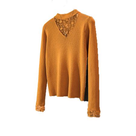 FA51551# 大码冬季女装新款韩版蕾丝网纱拼接假两件设计显瘦针织上衣 服裝批發女裝批發服飾貨源