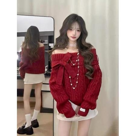 FA51553# 圣诞红色蝴蝶结一字肩长袖毛衣女秋冬加厚内搭慵懒高级感针织上衣 服裝批發女裝批發服飾貨源