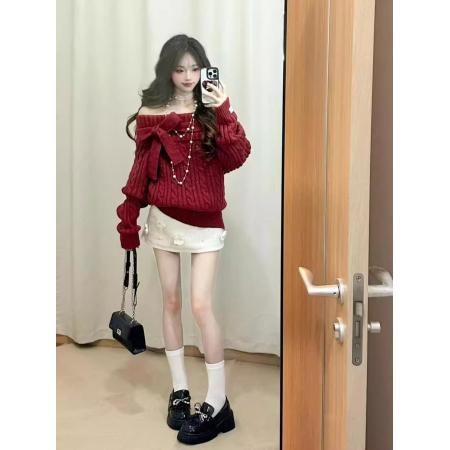 FA51553# 圣诞红色蝴蝶结一字肩长袖毛衣女秋冬加厚内搭慵懒高级感针织上衣 服裝批發女裝批發服飾貨源